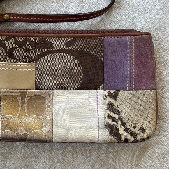 Coach Patchwork Zippered Wristlet Signature C Leather Suede Metallic Snakeskin - Picture 11 of 16
